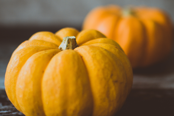 Detail dvoch malých oranžových tekvíc, z ktorých jedna je v popredí zaostrená a druhá rozmazaná v pozadí.