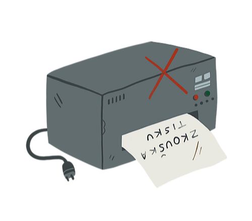 Ilustrácia vypnutej tlačiarne s preškrtnutým výstupom ako výzva na obmedzenie zbytočnej tlače.