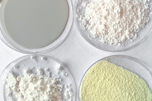 Štyri druhy prírodných minerálnych filtrov v miskách – biele, žltkasté a šedé prášky a suspenzie.