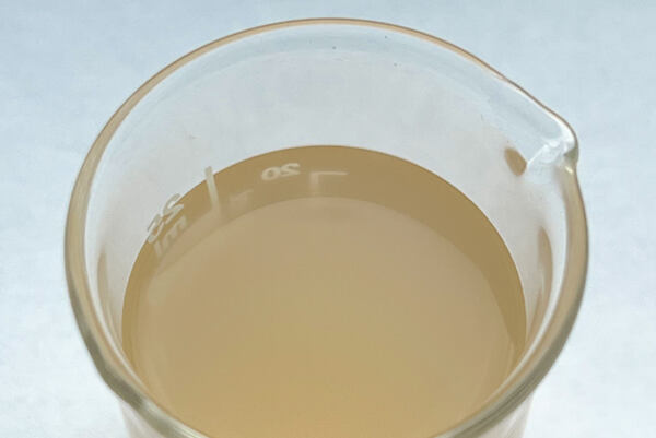 Zakalená béžová kvapalina fermentovaného ovsa v laboratórnej nádobe.