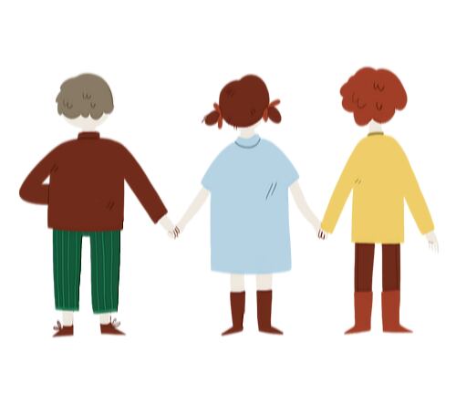 Ilustrácia tímovej spolupráce, na ktorej sa traja ľudia držia za ruky.