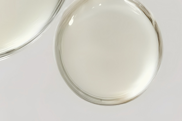 Číra tekutina v sklenenej miske na svetlom podklade.