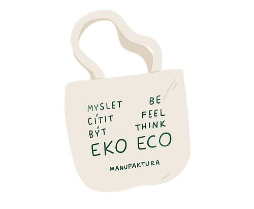 Taška s nápisom „Myslieť, cítiť, byť EKO“.